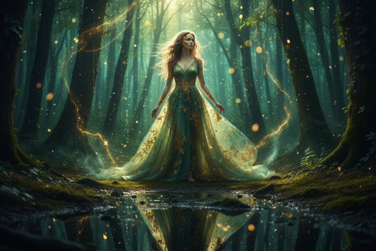 Mulher com luz e tons verdes e dourados